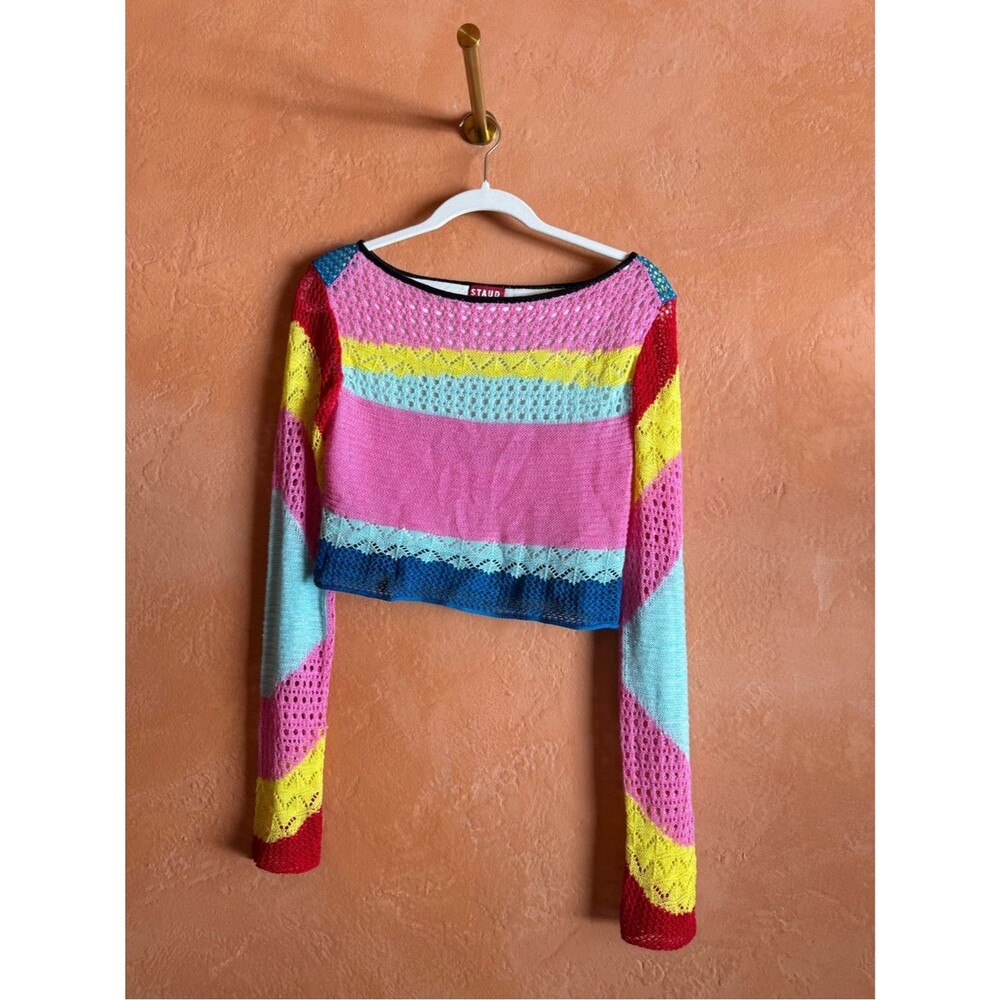Staud Rainbow Crochet Knit Crop Sweater Open Back Cutout M